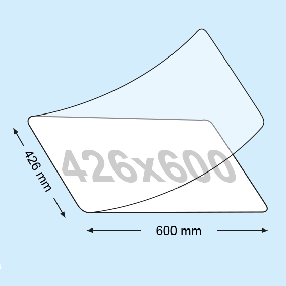 legatoria Pouches. bustine plastificanti. 426x600mm TRASPARENTE lucido, 80 micron per lato, saldate sul lato corto, angoli arrotondati, in polietilene, per cartoncini 420x594mm, plastificazione a caldo, IB589782.