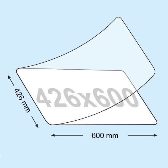 legatoria Pouches. bustine plastificanti. 426x600mm TRASPARENTE lucido, 175 micron per lato, saldate sul lato corto, angoli arrotondati, in polietilene, per cartoncini 420x594mm, plastificazione a caldo.