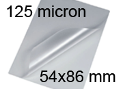 legatoria Pouches. bustine plastificanti. 54x86mm TRASPARENTE lucido, 125 micron per lato, saldate sul lato corto, angoli arrotondati, in polietilene, per cartoncini 48x80mm, plastificazione a caldo.