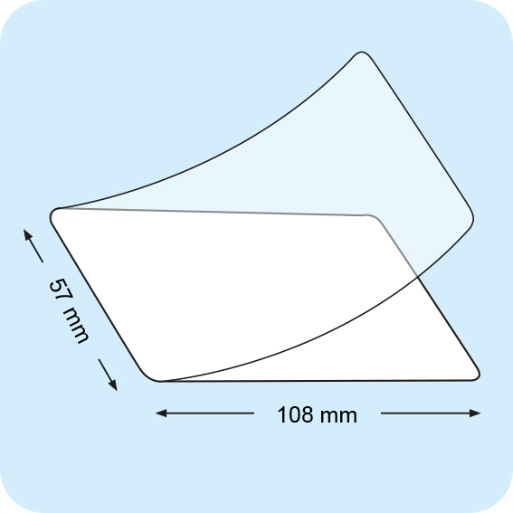 legatoria Pouches. bustine plastificanti. 57x108mm TRASPARENTE lucido, 100 micron per lato, saldate sul lato corto, angoli arrotondati, in polietilene, per cartoncini 51x102mm, plastificazione a caldo.