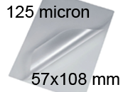 legatoria Pouches. bustine plastificanti. 57x108mm TRASPARENTE lucido, 125 micron per lato, saldate sul lato corto, angoli arrotondati, in polietilene, per cartoncini 51x102mm, plastificazione a caldo.