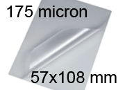 legatoria Pouches. bustine plastificanti. 57x108mm TRASPARENTE lucido, 175 micron per lato, saldate sul lato corto, angoli arrotondati, in polietilene, per cartoncini 51x102mm, plastificazione a caldo.