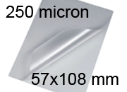 legatoria Pouches. bustine plastificanti. 57x108mm TRASPARENTE lucido, 250 micron per lato, saldate sul lato corto, angoli arrotondati, in polietilene, per cartoncini 51x102mm, plastificazione a caldo.