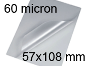 legatoria Pouches. bustine plastificanti. 57x108mm TRASPARENTE lucido, 60 micron per lato, saldate sul lato corto, angoli arrotondati, in polietilene, per cartoncini 51x102mm, plastificazione a caldo.