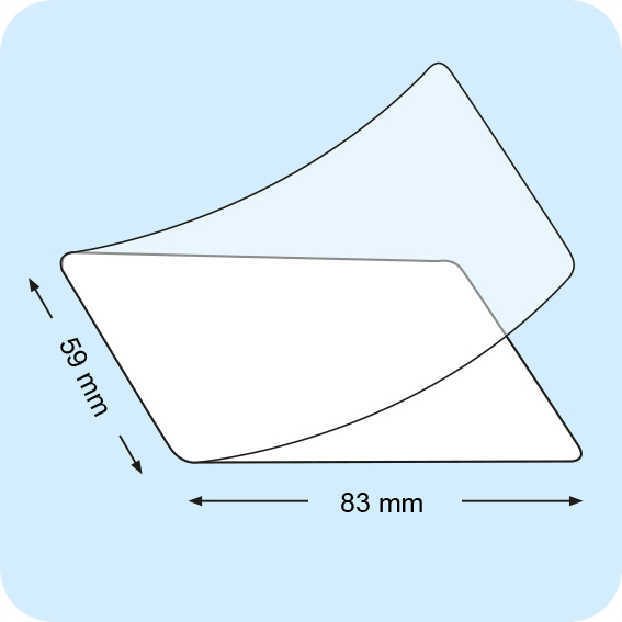 legatoria Pouches. bustine plastificanti. 59x83mm TRASPARENTE lucido, 175 micron per lato, saldate sul lato corto, angoli arrotondati, in polietilene, per cartoncini 53x77mm, plastificazione a caldo. R071106.