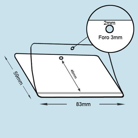 legatoria Pouches. bustine plastificanti. 59x83mm TRASPARENTE lucido, 175 micron per lato, saldate sul lato lungo, angoli arrotondati, in polietilene, per cartoncini 46x77mm, plastificazione a caldo. Con foro diametro 3mm, plastificazione a caldo. Adatte a realizzare tesserine da appendere al collo.
