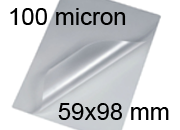 legatoria Pouches. bustine plastificanti. 59x98mm TRASPARENTE lucido, 100 micron per lato, saldate sul lato corto, angoli arrotondati, in polietilene, per cartoncini 53x92mm, plastificazione a caldo.