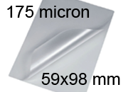 legatoria Pouches. bustine plastificanti. 59x98mm TRASPARENTE lucido, 175 micron per lato, saldate sul lato corto, angoli arrotondati, in polietilene, per cartoncini 53x92mm, plastificazione a caldo.