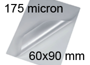 legatoria Pouches. bustine plastificanti. 60x90mm TRASPARENTE lucido, 175 micron per lato, saldate sul lato corto, angoli arrotondati, in polietilene, per cartoncini 54x84mm, plastificazione a caldo.