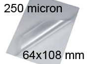 legatoria Pouches. bustine plastificanti. 64x108mm TRASPARENTE lucido, 250 micron per lato, saldate sul lato corto, angoli arrotondati, in polietilene, per cartoncini 58x102mm, plastificazione a caldo BRA64x108x250