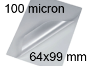 legatoria Pouches. bustine plastificanti. 64x99mm TRASPARENTE lucido, 100 micron per lato, saldate sul lato corto, angoli arrotondati, in polietilene, per cartoncini 58x93mm, plastificazione a caldo.