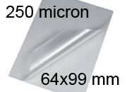 legatoria Pouches. bustine plastificanti. 64x99mm TRASPARENTE lucido, 250 micron per lato, saldate sul lato corto, angoli arrotondati, in polietilene, per cartoncini 58x93mm, plastificazione a caldo.