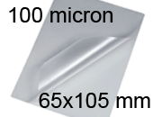 legatoria Pouches. bustine plastificanti. 65x105mm TRASPARENTE lucido, 100 micron per lato, saldate sul lato corto, angoli arrotondati, in polietilene, per cartoncini 59x99mm, plastificazione a caldo.