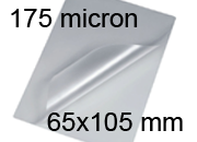 legatoria Pouches. bustine plastificanti. 65x105mm TRASPARENTE lucido, 175 micron per lato, saldate sul lato corto, angoli arrotondati, in polietilene, per cartoncini 59x99mm, plastificazione a caldo BRA65x105x175