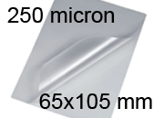 legatoria Pouches. bustine plastificanti. 65x105mm TRASPARENTE lucido, 250 micron per lato, saldate sul lato corto, angoli arrotondati, in polietilene, per cartoncini 59x99mm, plastificazione a caldo BRA65x105x250