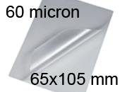 legatoria Pouches. bustine plastificanti. 65x105mm TRASPARENTE lucido, 60 micron per lato, saldate sul lato corto, angoli arrotondati, in polietilene, per cartoncini 59x99mm, plastificazione a caldo.