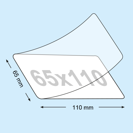 legatoria Pouches. bustine plastificanti. 65x110mm TRASPARENTE lucido, 100 micron per lato, saldate sul lato corto, angoli arrotondati, in polietilene, per cartoncini 59x94mm, plastificazione a caldo.