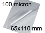 legatoria Pouches. bustine plastificanti. 65x110mm TRASPARENTE lucido, 100 micron per lato, saldate sul lato corto, angoli arrotondati, in polietilene, per cartoncini 59x94mm, plastificazione a caldo BRA65x110x100