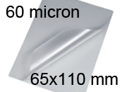legatoria Pouches. bustine plastificanti. 65x110mm TRASPARENTE lucido, 60 micron per lato, saldate sul lato corto, angoli arrotondati, in polietilene, per cartoncini 59x94mm, plastificazione a caldo BRA65x110x60