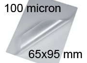 legatoria Pouches. bustine plastificanti. 65x95mm TRASPARENTE lucido,100 micron per lato, saldate sul lato corto, angoli arrotondati, in polietilene, per cartoncini 59x89mm, plastificazione a caldo.