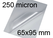 legatoria Pouches. bustine plastificanti. 65x95mm TRASPARENTE lucido,250 micron per lato, saldate sul lato corto, angoli arrotondati, in polietilene, per cartoncini 59x89mm, plastificazione a caldo.