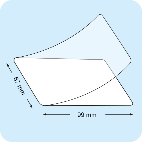 legatoria Pouches. bustine plastificanti. 67x99mm TRASPARENTE lucido, 60 micron per lato, saldate sul lato corto, angoli arrotondati, in polietilene, per cartoncini 61x93mm, plastificazione a caldo.