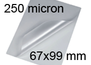 legatoria Pouches. bustine plastificanti. 67x99mm TRASPARENTE lucido, 250 micron per lato, saldate sul lato corto, angoli arrotondati, in polietilene, per cartoncini 61x93mm, plastificazione a caldo BRA67x99x250