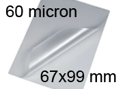 legatoria Pouches. bustine plastificanti. 67x99mm TRASPARENTE lucido, 60 micron per lato, saldate sul lato corto, angoli arrotondati, in polietilene, per cartoncini 61x93mm, plastificazione a caldo BRA67x99x60