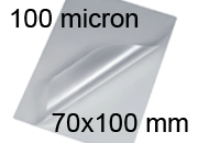 legatoria Pouches. bustine plastificanti. 70x100mm TRASPARENTE lucido, 100 micron per lato, saldate sul lato corto, angoli arrotondati, in polietilene, per cartoncini 64x94mm, plastificazione a caldo.