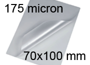 legatoria Pouches. bustine plastificanti. 70x100mm TRASPARENTE lucido, 175 micron per lato, saldate sul lato corto, angoli arrotondati, in polietilene, per cartoncini 64x94mm, plastificazione a caldo.