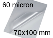 legatoria Pouches. bustine plastificanti. 70x100mm TRASPARENTE lucido, 60 micron per lato, saldate sul lato corto, angoli arrotondati, in polietilene, per cartoncini 64x94mm, plastificazione a caldo.