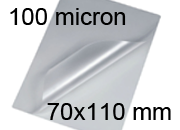 legatoria Pouches. bustine plastificanti. 70x110mm TRASPARENTE lucido, 100 micron per lato, saldate sul lato corto, angoli arrotondati, in polietilene, per cartoncini 64x104mm, plastificazione a caldo.