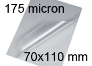 legatoria Pouches. bustine plastificanti. 70x110mm TRASPARENTE lucido, 175 micron per lato, saldate sul lato corto, angoli arrotondati, in polietilene, per cartoncini 64x104mm, plastificazione a caldo.