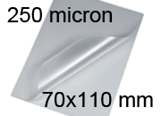 legatoria Pouches. bustine plastificanti. 70x110mm TRASPARENTE lucido, 250 micron per lato, saldate sul lato corto, angoli arrotondati, in polietilene, per cartoncini 64x104mm, plastificazione a caldo.