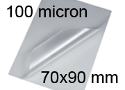 legatoria Pouches. bustine plastificanti. 70x90mm TRASPARENTE lucido, 100 micron per lato, saldate sul lato corto, angoli arrotondati, in polietilene, per cartoncini 64x84mm, plastificazione a caldo BRA70x90x100