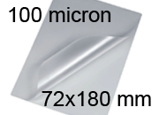 legatoria Pouches. bustine plastificanti. 72x180mm TRASPARENTE lucido, 100 micron per lato, saldate sul lato corto, angoli arrotondati, in polietilene, per cartoncini 66x174mm, plastificazione a caldo.