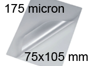 legatoria Pouches. bustine plastificanti. 75x105mm TRASPARENTE lucido, 175 micron per lato, saldate sul lato corto, angoli arrotondati, in polietilene, per cartoncini 69x99mm, plastificazione a caldo BRA75x105x175