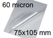 legatoria Pouches. bustine plastificanti. 75x105mm TRASPARENTE lucido, 60 micron per lato, saldate sul lato corto, angoli arrotondati, in polietilene, per cartoncini 69x99mm, plastificazione a caldo BRA75x105x60