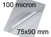 legatoria Pouches. bustine plastificanti. 75x90mm TRASPARENTE lucido, 100 micron per lato, saldate sul lato corto, angoli arrotondati, in polietilene, per cartoncini 69x84mm, plastificazione a caldo BRA75x90x100