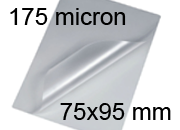 legatoria Pouches. bustine plastificanti. 75x95mm TRASPARENTE lucido, 175 micron per lato, saldate sul lato corto, angoli arrotondati, in polietilene, per cartoncini 69x89mm, plastificazione a caldo.