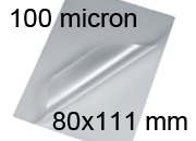 legatoria Pouches. bustine plastificanti. 80x111mm TRASPARENTE lucido, 100 micron per lato, saldate sul lato corto, angoli arrotondati, in polietilene, per cartoncini 74x105mm, plastificazione a caldo.