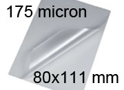 legatoria Pouches. bustine plastificanti. 80x111mm TRASPARENTE lucido, 175 micron per lato, saldate sul lato corto, angoli arrotondati, in polietilene, per cartoncini 74x105mm, plastificazione a caldo.