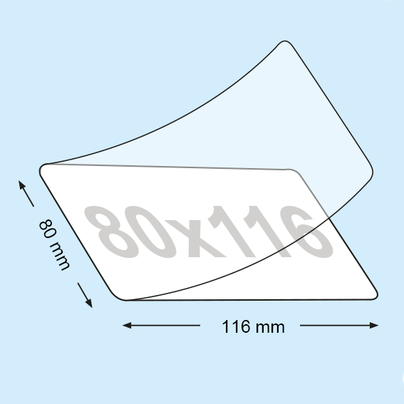 legatoria Pouches. bustine plastificanti. 80x116mm TRASPARENTE lucido,250 micron per lato, saldate sul lato corto, angoli arrotondati, in polietilene, per cartoncini 74x110mm, plastificazione a caldo.