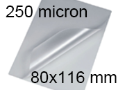 legatoria Pouches. bustine plastificanti. 80x116mm TRASPARENTE lucido,250 micron per lato, saldate sul lato corto, angoli arrotondati, in polietilene, per cartoncini 74x110mm, plastificazione a caldo BRA80x116x250