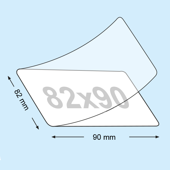 legatoria Pouches. bustine plastificanti. 82x90mm TRASPARENTE lucido, 80 micron per lato, saldate sul lato corto, angoli arrotondati, in polietilene, per cartoncini 76x84mm, plastificazione a caldo.