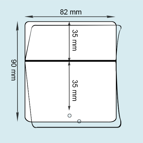 legatoria Pouches. bustine plastificanti. 82x90mm TRASPARENTE lucido, 175 micron per lato, saldate sul lato corto, angoli arrotondati, in polietilene, per 2 cartoncini: 76x33mm, plastificazione a caldo e 76x30mm, plastificazione a caldo.