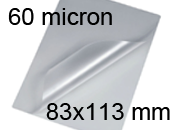 legatoria Pouches. bustine plastificanti. 83x113mm TRASPARENTE lucido, 60 micron per lato, saldate sul lato corto, angoli arrotondati, in polietilene, per cartoncini 77x107mm, plastificazione a caldo.