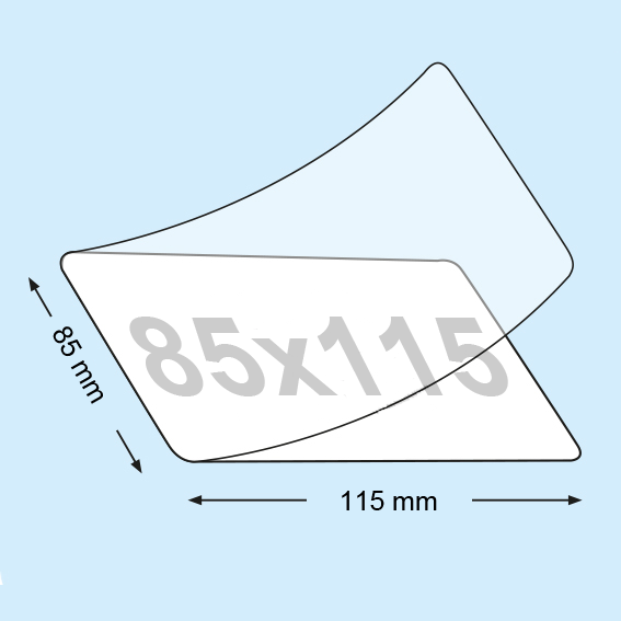 legatoria Pouches. bustine plastificanti. 85x115mm TRASPARENTE lucido, 100 micron per lato, saldate sul lato corto, angoli arrotondati, in polietilene, per cartoncini 79x109mm, plastificazione a caldo.