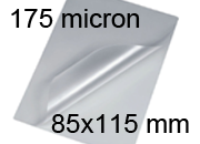 legatoria Pouches. bustine plastificanti. 85x115mm TRASPARENTE lucido, 175 micron per lato, saldate sul lato corto, angoli arrotondati, in polietilene, per cartoncini 79x109mm, plastificazione a caldo.