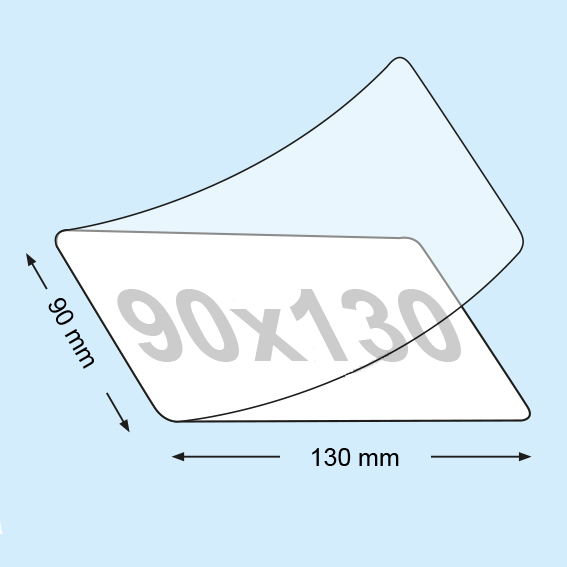 legatoria Pouches. bustine plastificanti. 90x130mm TRASPARENTE lucido, 250 micron per lato, saldate sul lato corto, angoli arrotondati, in polietilene, per cartoncini 84x124mm, plastificazione a caldo.